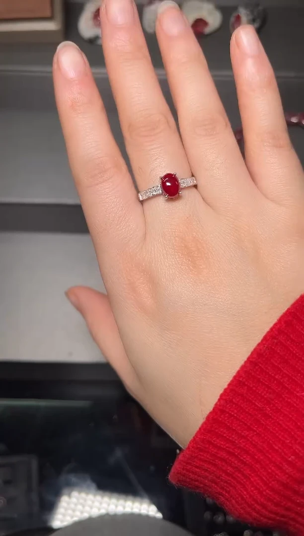 天然辰砂朱砂镶嵌S925银晶体女戒指121003