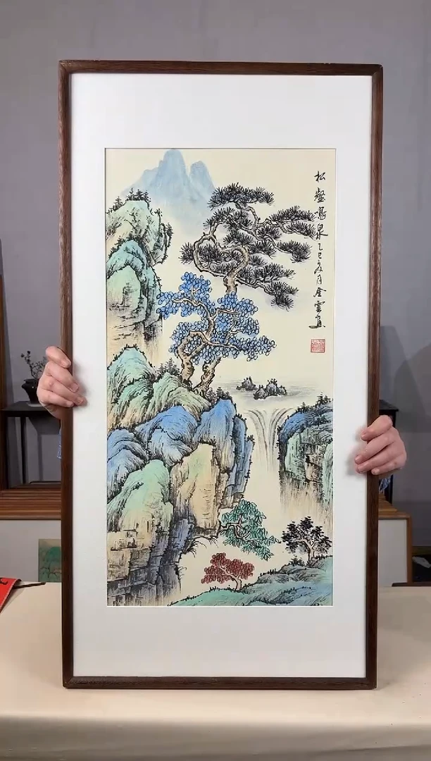 国画手绘*松鹤鸣泉*47*92cm带框发货