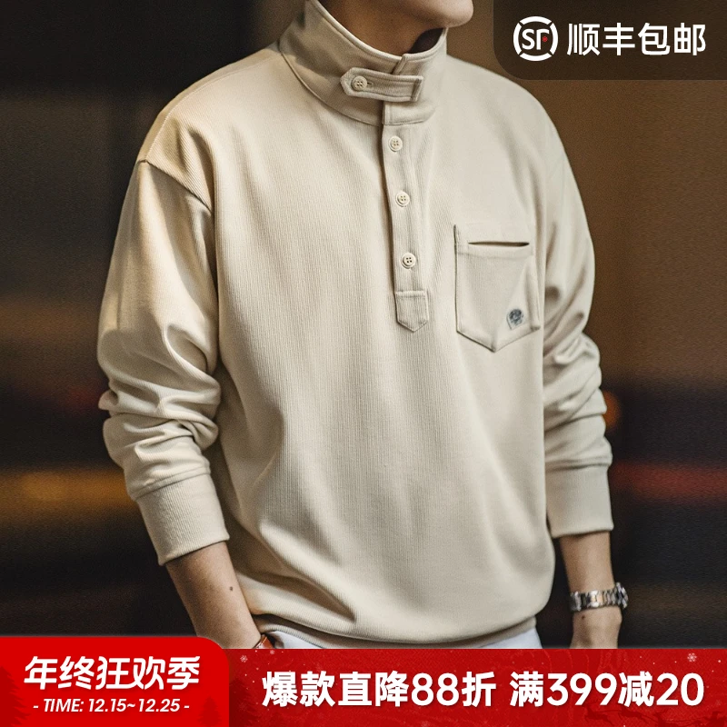 马登工装 美式休闲半开襟立领卫衣慵懒风翻领针织Polo衫男春夏