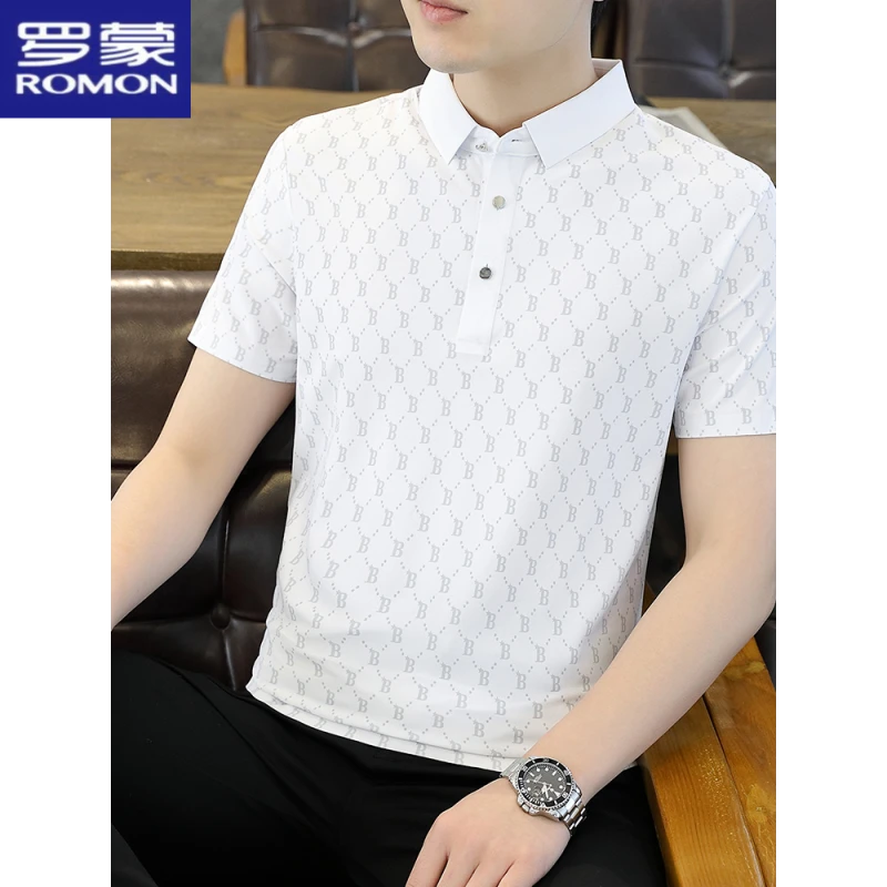 罗蒙冰丝无痕印花衬衫领polo衫男士夏季高端休闲短袖薄款上衣T恤