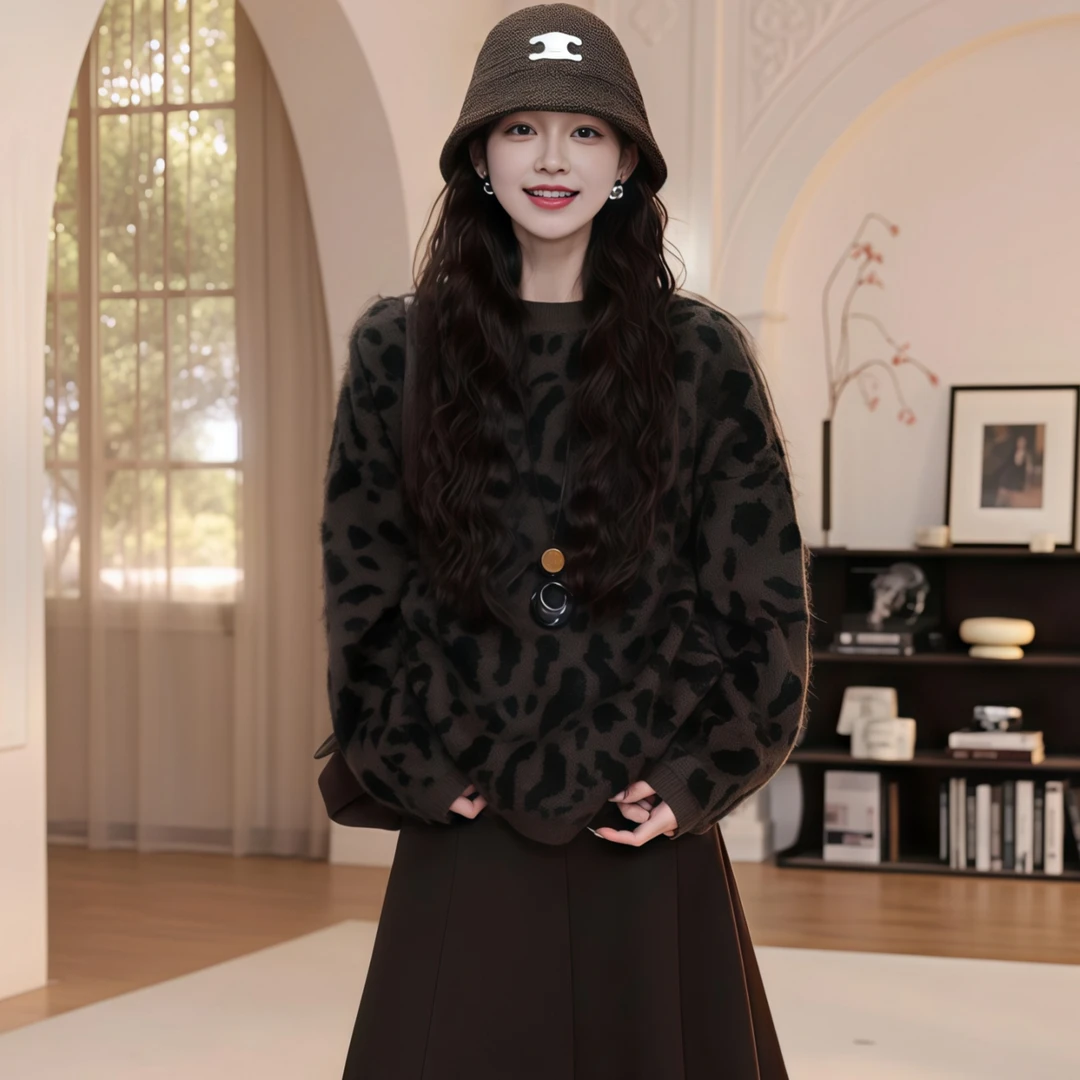 韩系复古豹纹圆领套头毛衣女2025秋季大码胖MM潮流百搭长袖针织衫