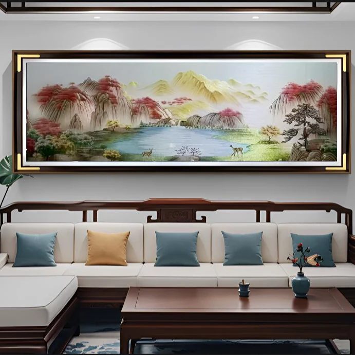 高雅刺绣鸿运金山聚宝盆新中式客厅沙发背景墙装饰画