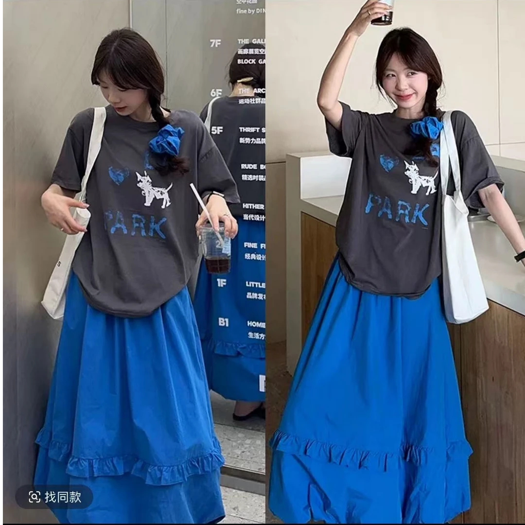 可爱卡通小狗印花短袖T恤慵懒风休闲宽松减龄上衣+半身裙