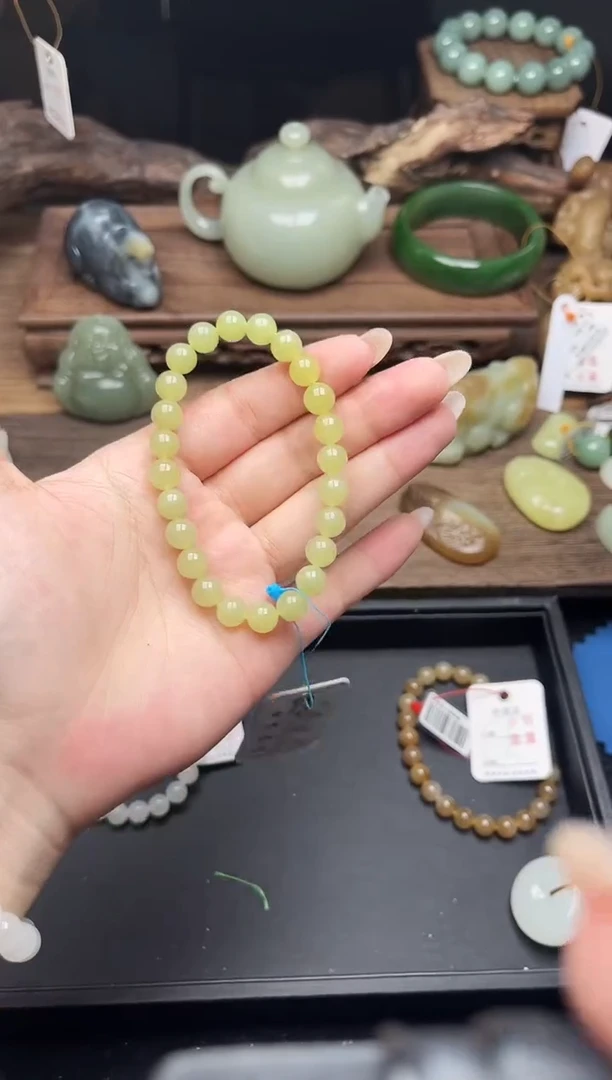 未镶嵌手串和田玉卡8若羌黄口 圆珠9010565