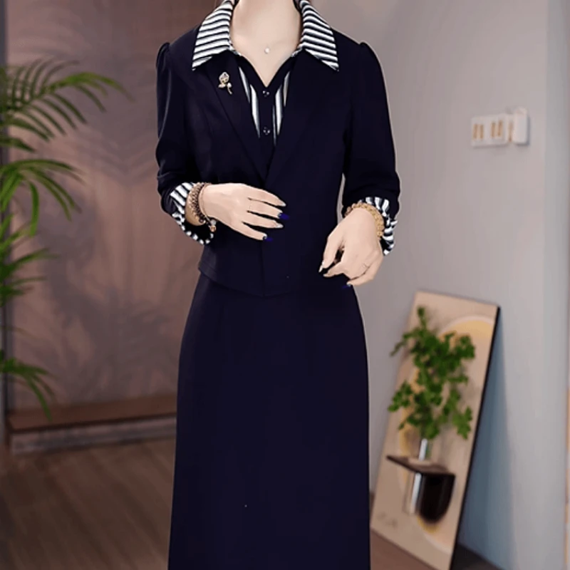 A447【连衣裙】2025早秋新款时尚条纹衬衣领显瘦优雅假两件连衣裙