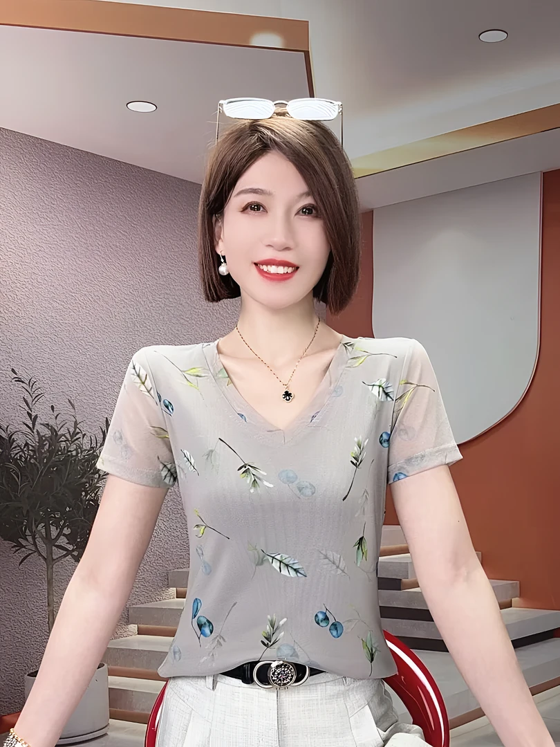 复古印花网纱冰丝短袖t恤女士夏季欧货小衫修身洋气百搭妈妈上衣