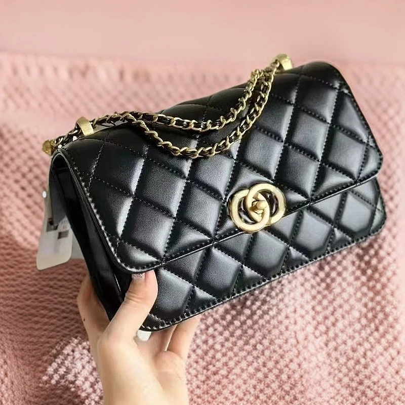 双球链条包新款菱格金球链条单肩斜挎包真皮小方包高级斜挎水桶包