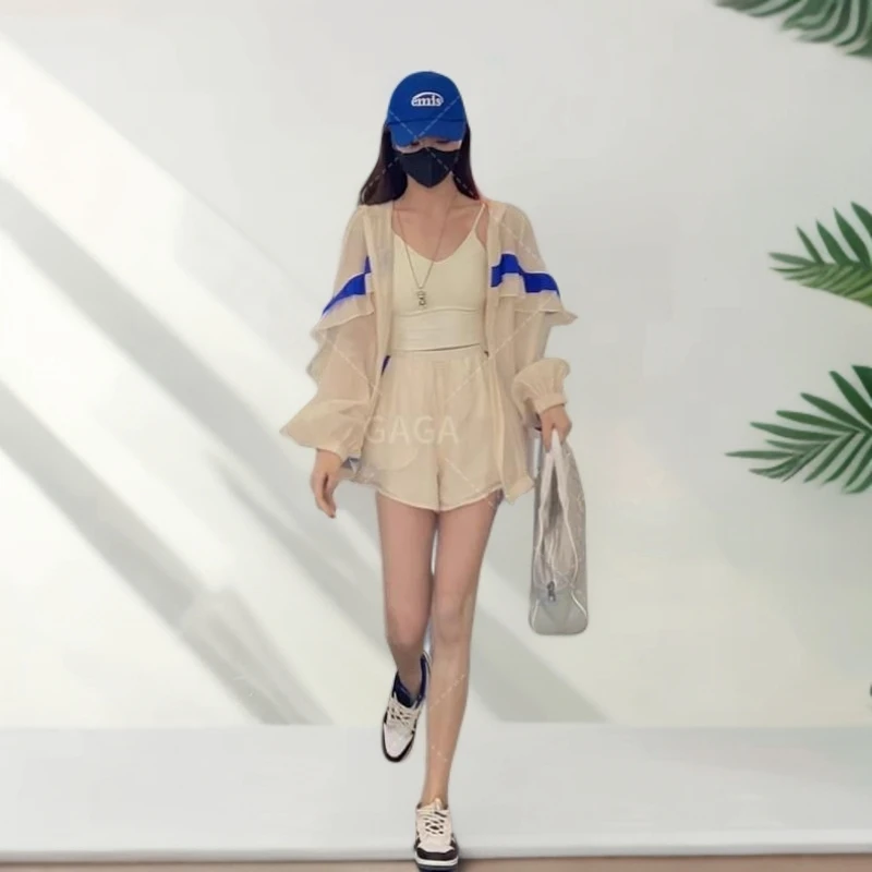 防晒宽松外套荷叶边长袖套装夏季洋气休闲拉链防晒衣短裤两件套女