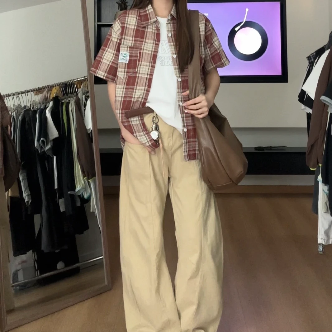 【逗逗】美式复古格子短袖衬衫男女同款休闲宽松半袖上衣K653