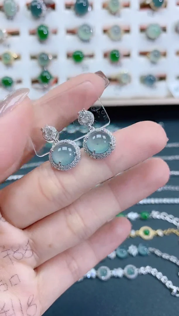 银S925镶嵌翡翠耳饰天然翡翠