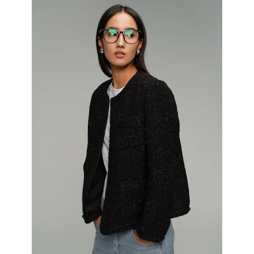 JOHNNYWU高级感小香风手工钉珠编织圆领短款外套