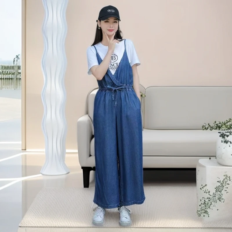 牛仔背带高腰显瘦连体裤韩版裤子无弹力休闲女阔腿裤牛仔裤夏季