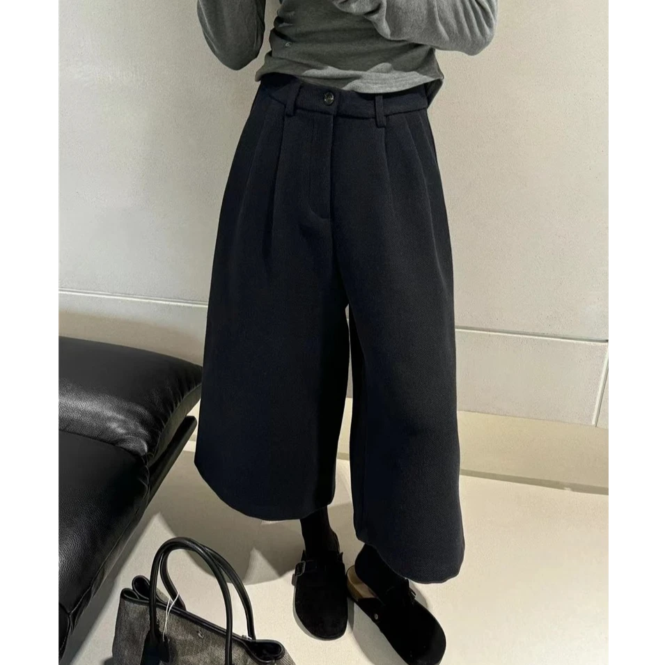 韩系气质显瘦毛呢七分阔腿裤女秋冬宽松直筒黑色休闲裤复古八分裤
