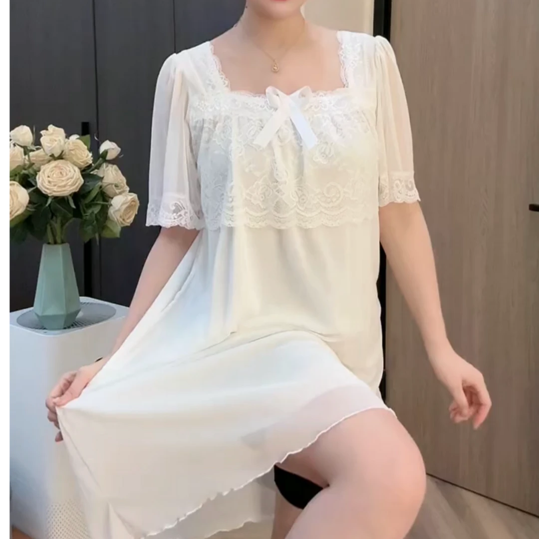 6096时尚新款蕾丝网纱睡裙公主风短袖薄款仙女家居服夏季宽松大码