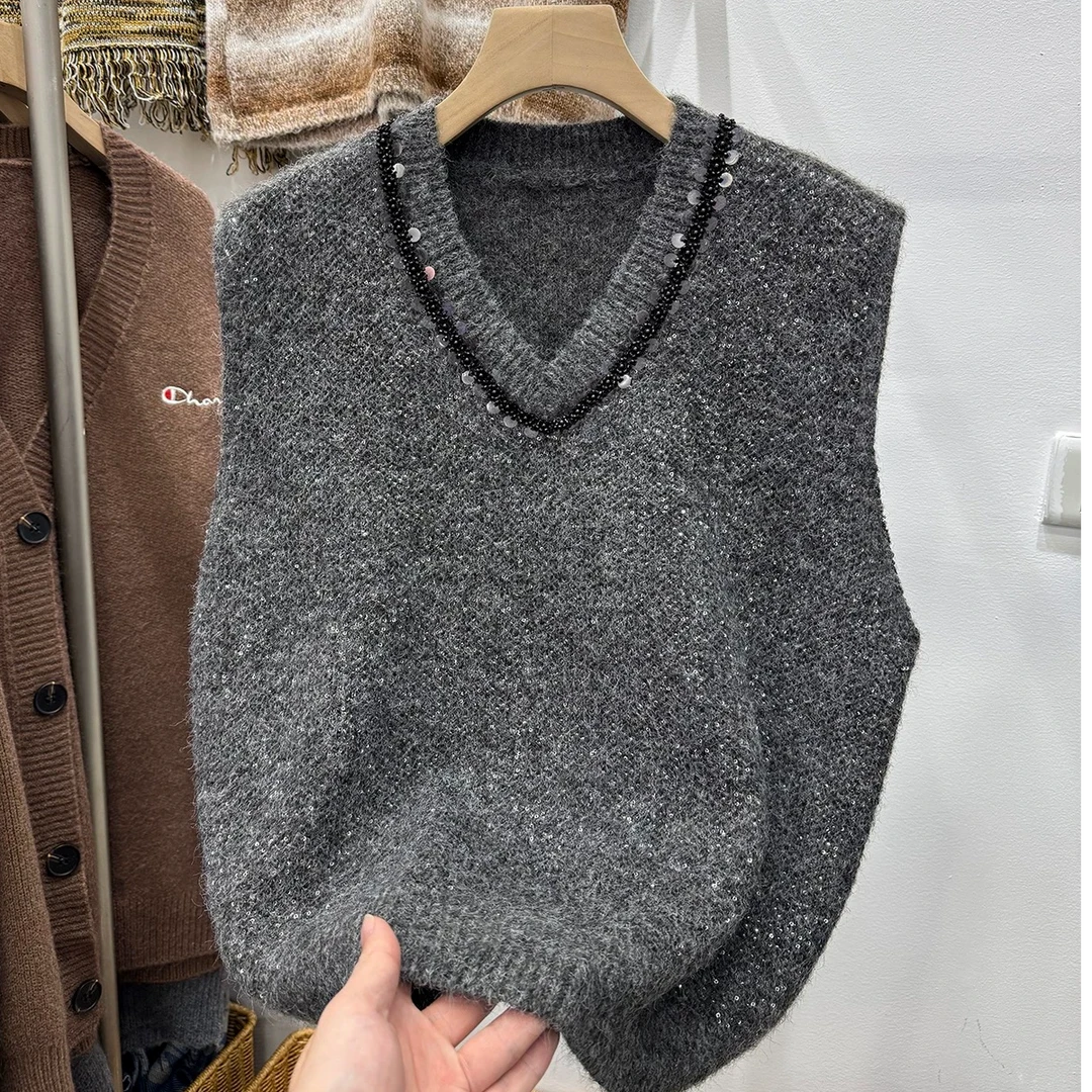 V领亮片韩版马甲