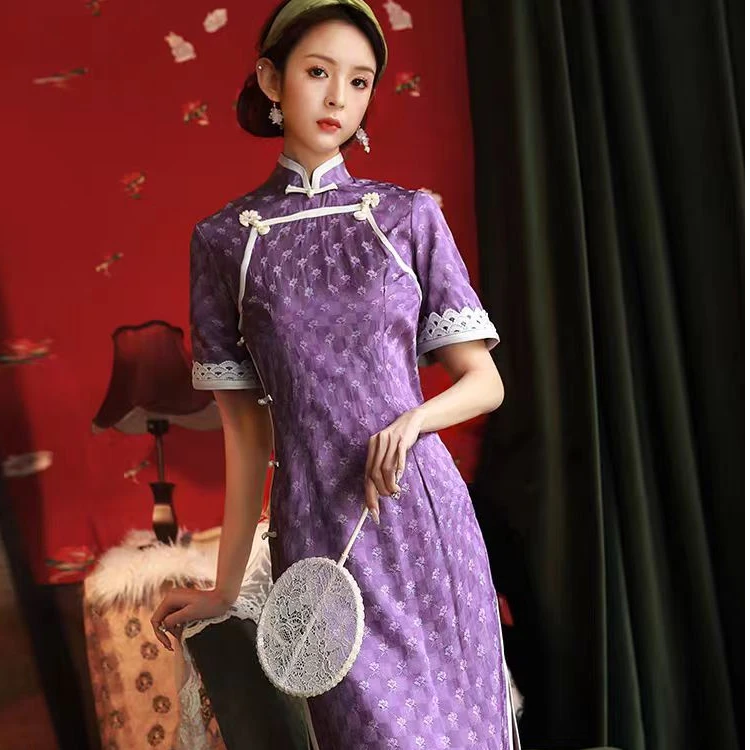 梦路 T707 夏季新款 紫背背佳 裙长110 侧八扣旗袍