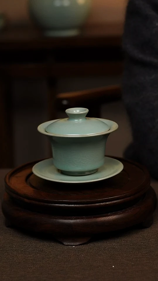 瓷片仿古天青全手工三才马蹄盖碗130ml 一级礼盒包装