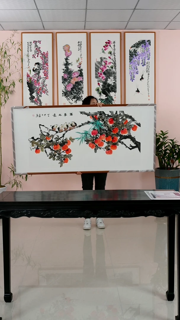 国画汪琼《万事如意》手绘檀木框173*83厘米