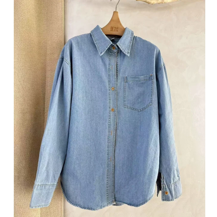 DEZI宝藏衣橱长袖春季新品简约气质翻领女牛仔衬衣LS109088