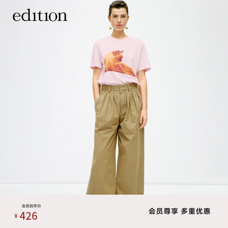 【商场同款】edition夏款小众猫咪印花棉麻T恤#EBD2TEE002
