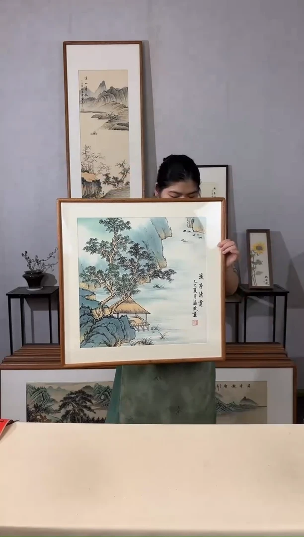 国画手绘*溪亭清赏*62*62cm实木框