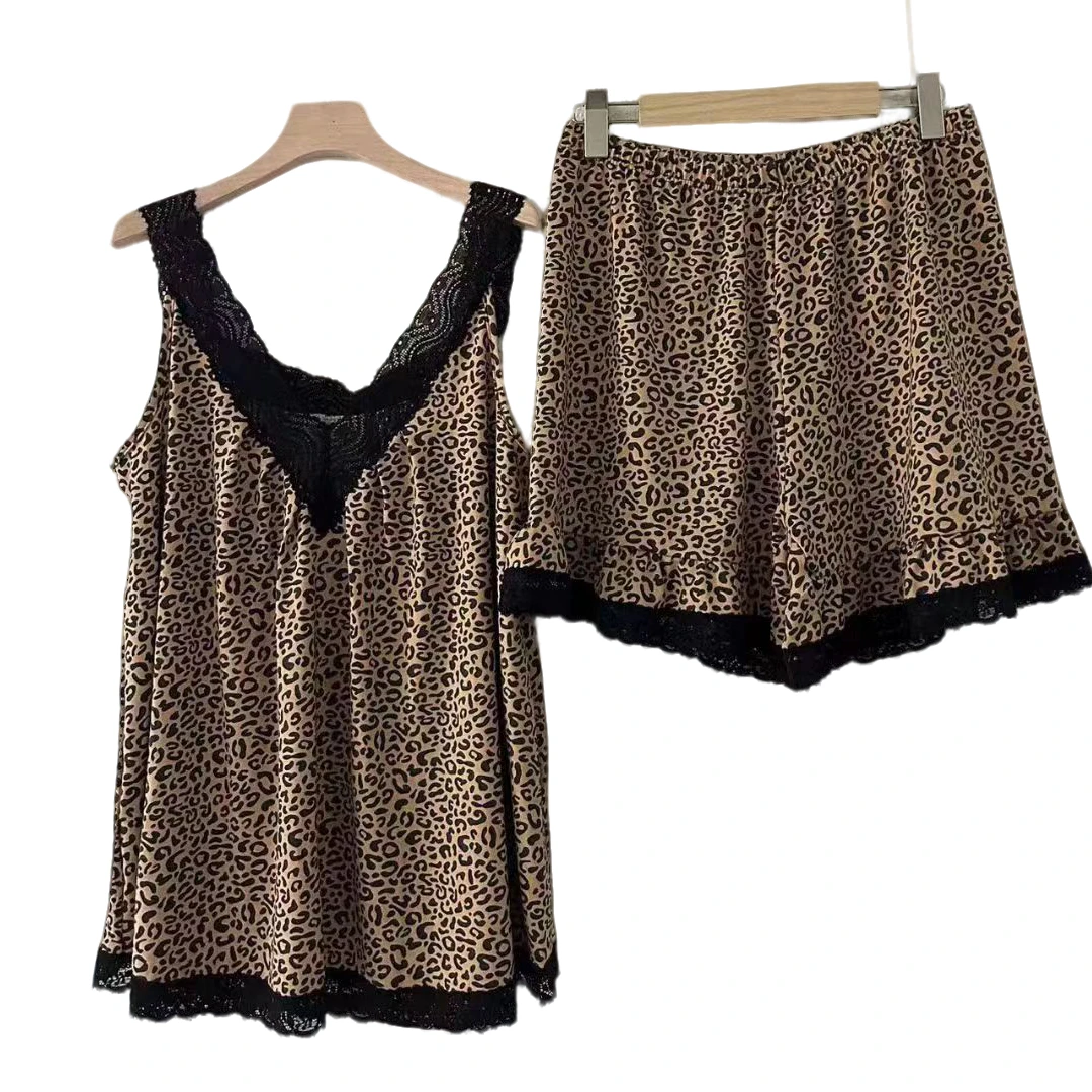 外贸V领蕾丝时尚碎花宽松大版莫代尔舒适家居套装休闲百搭性感