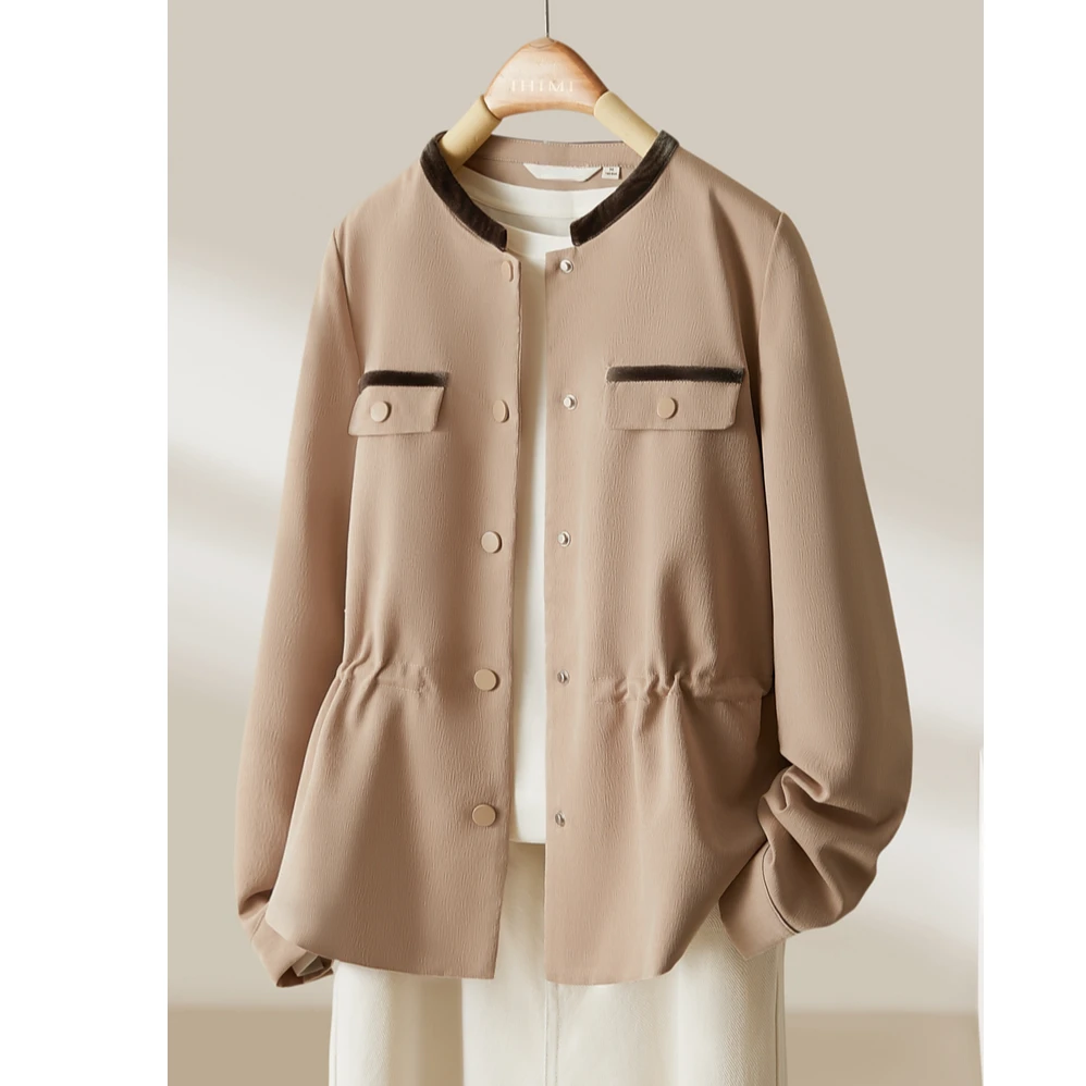 〈纪朵研〉1289通勤卡其色短款外套女春季新款撞色收腰开衫上衣