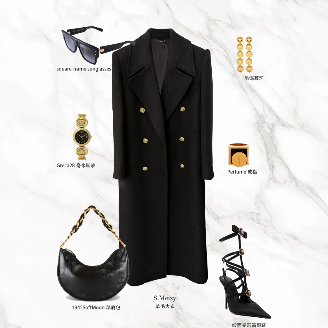 SMeizy【YS】罗兰大衣气质黑风衣秋冬轻奢设计师双排扣外套时尚百搭