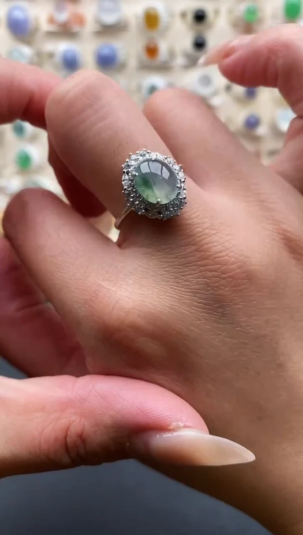 银S925镶嵌戒指翡翠缅甸天然翡翠A货1 7-4