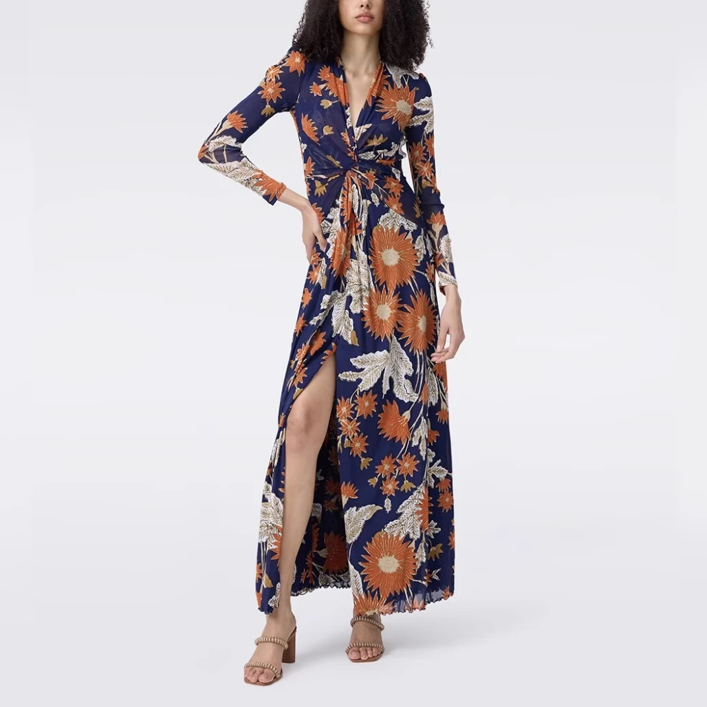 葭恩25新款早秋深蓝太阳花卉度假长袖网纱连衣裙0967