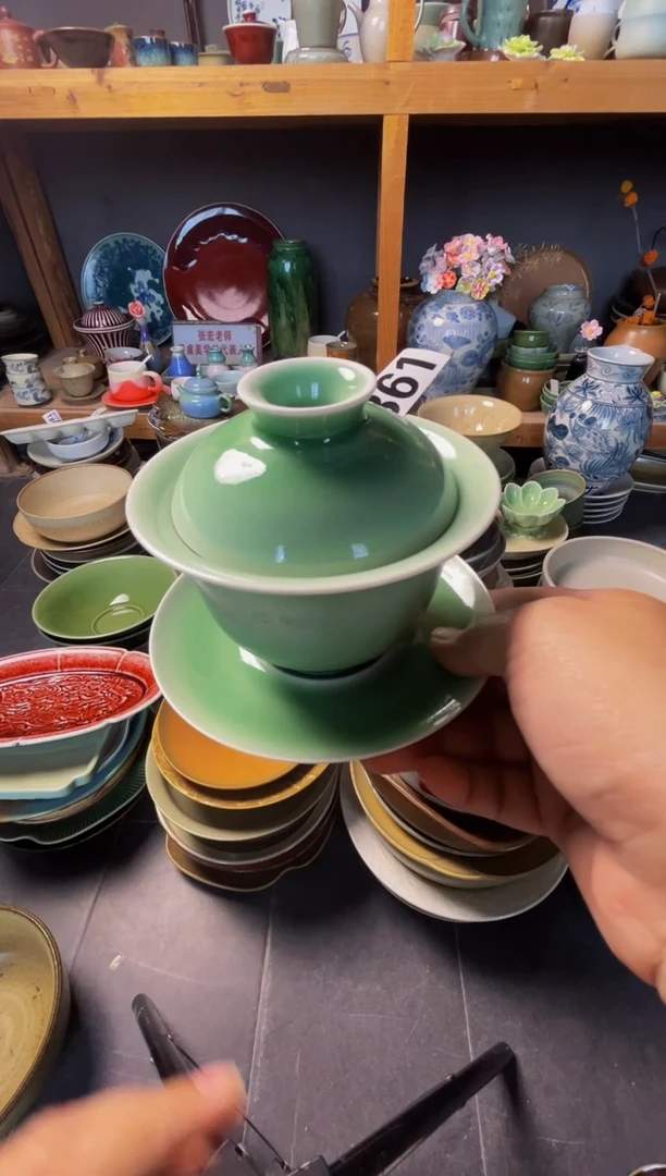 瓷片真**为361绿色三才盖碗