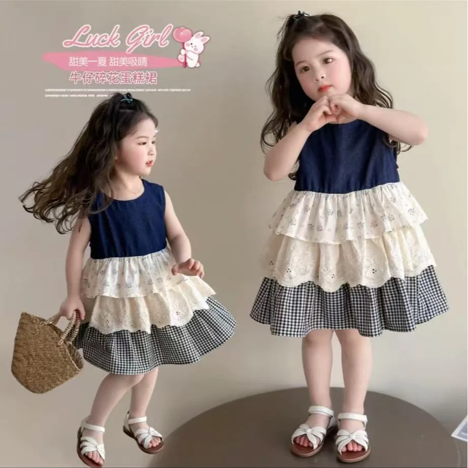森系童装女童蓝色牛仔背心裙子碎花蕾丝花边格子蛋糕裙凉快连衣裙