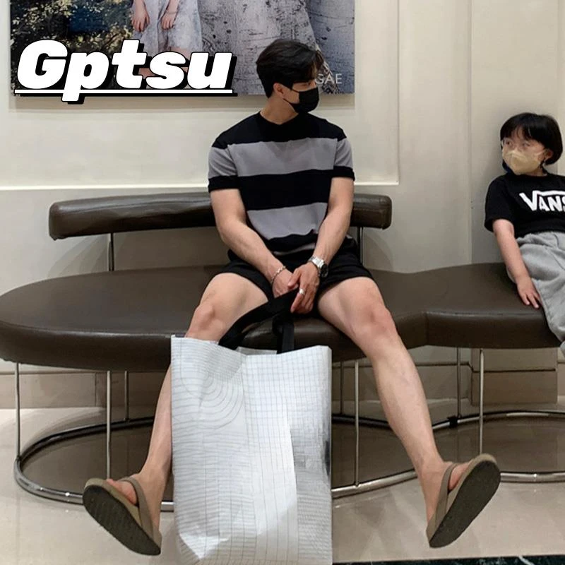 GPTSu短袖t恤男潮牌港风复古设计感条纹上衣日系慵懒休闲针织体恤