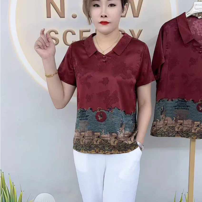 7276娃娃领复古提花图妈妈高档半袖衫上档次精品减龄洋气高端