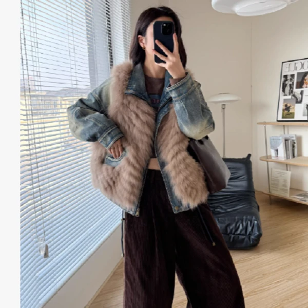 时尚牛仔拼接毛毛短款外套女2025冬季新款高级感时髦外套