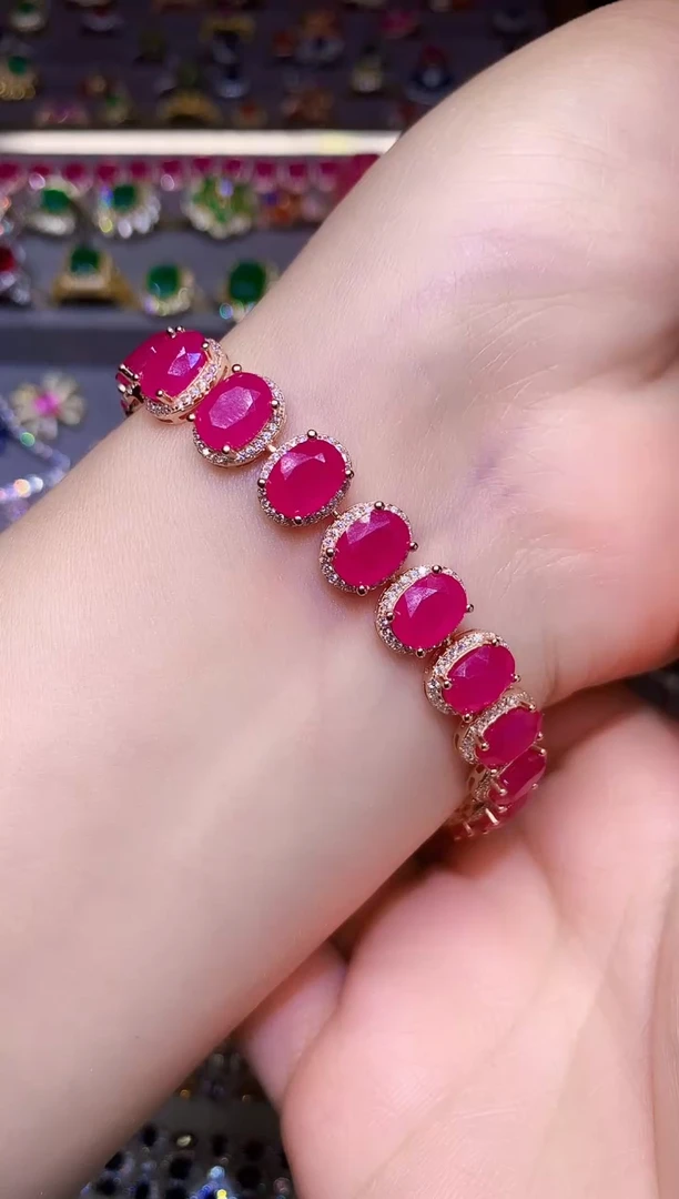 银S925镶嵌手链红宝石...