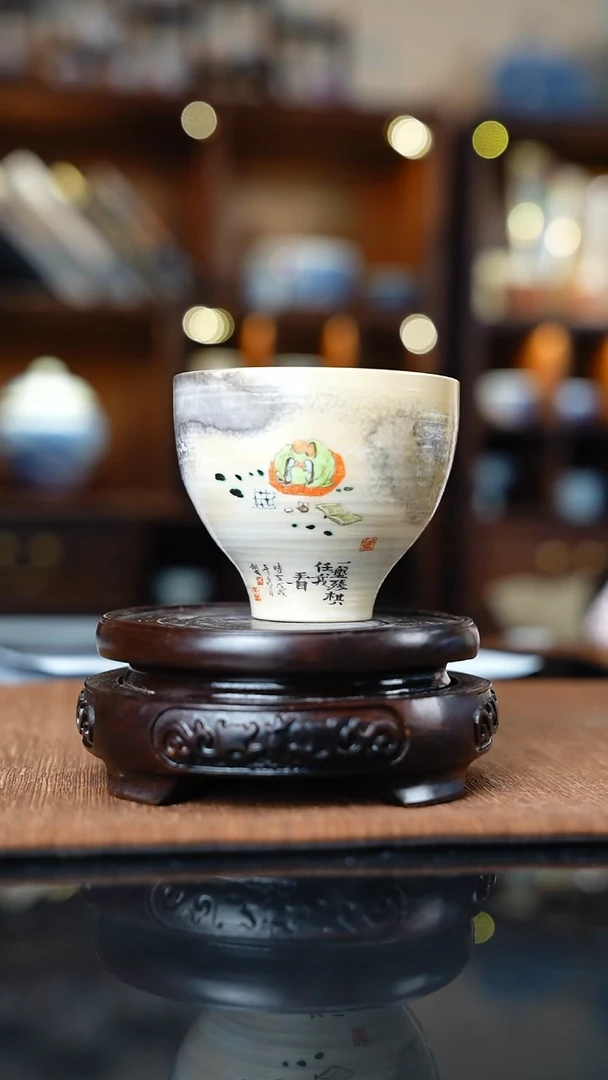 纯柴窑绘画鸡心杯