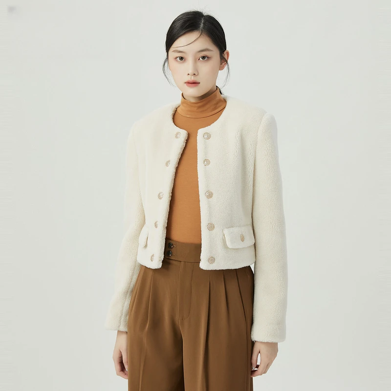 哥弟新款女装老钱风环保羊羔毛短款圆领长袖小香风外套1400680