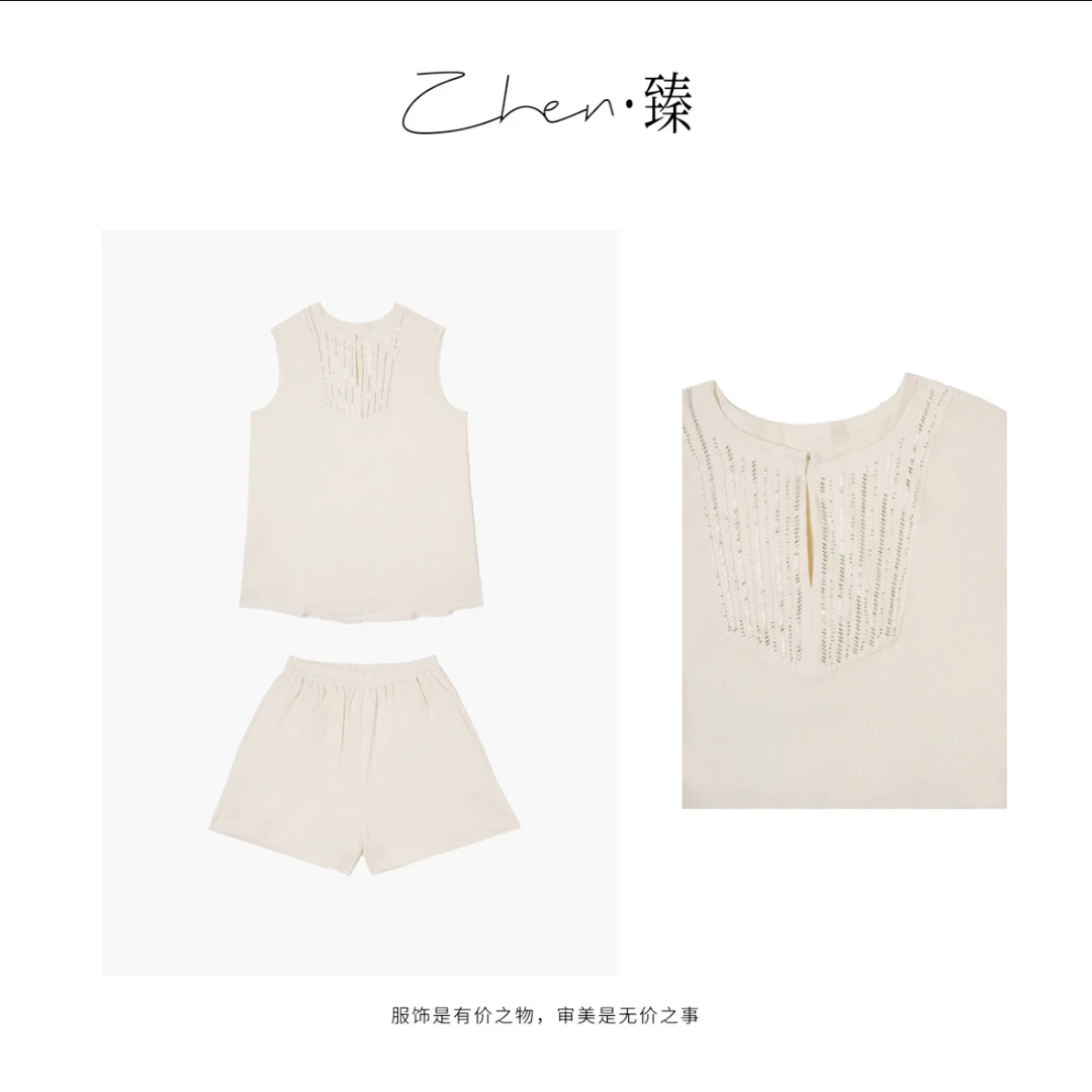ZHEN.臻 夏气质亚麻重工钉珠宽松无袖阔腿短裤时尚两件套TZ7050Z