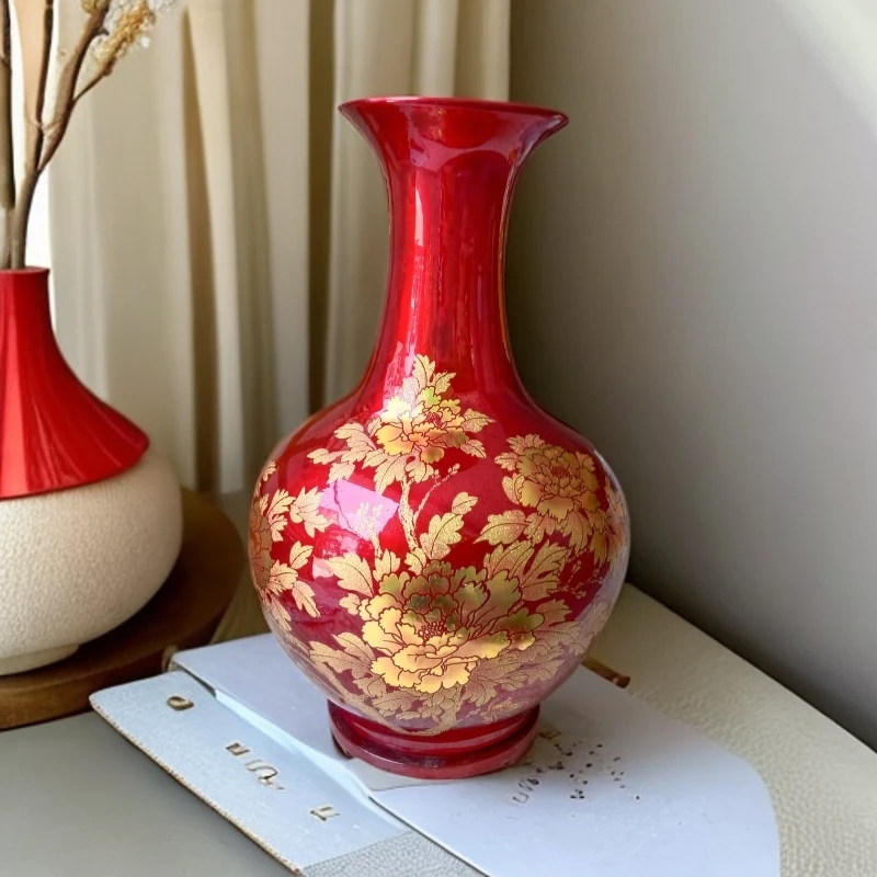 新中式结婚陶瓷手工大花中国红花开富贵花瓶客厅玄关柜摆件电视柜