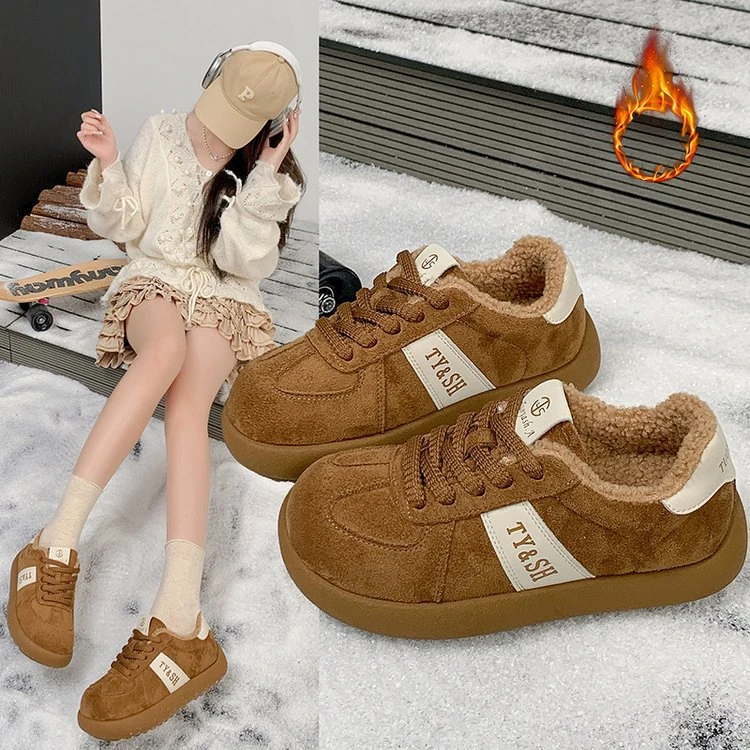 2025冬季加绒保暖时尚女鞋毛毛软底防滑复古小众徳训鞋