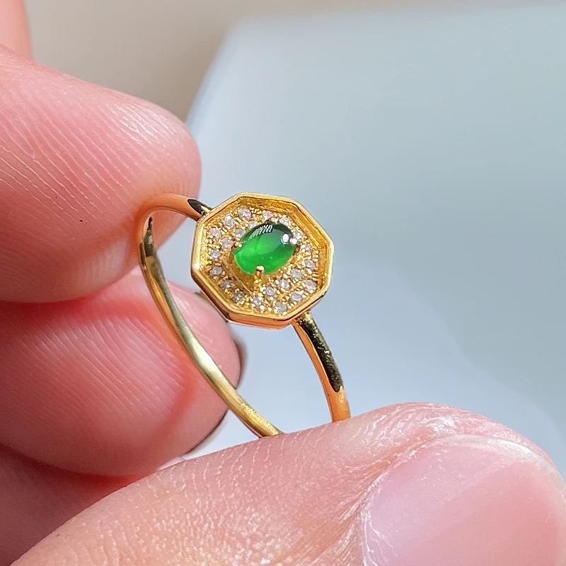 18K金天然翡翠A货-1280满绿蛋面戒指K黄八边形镶嵌钻石珠宝玉石