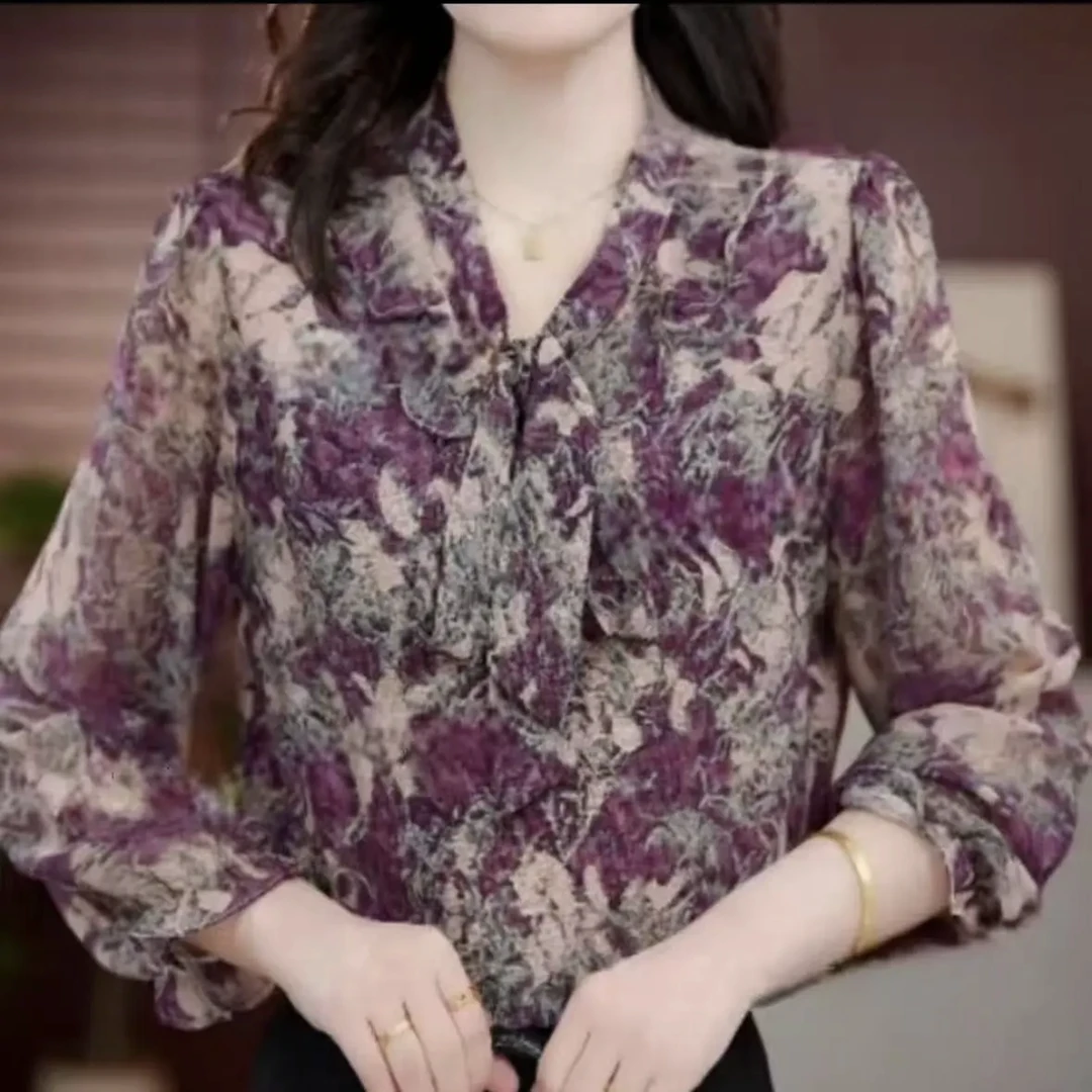 云梦紫烟2025新款V领气质小衫套头衬衫时髦长袖上衣打底衫女