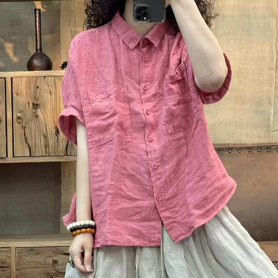 [四月阳光]夏季亚麻水洗做旧贴口袋休闲女士衬衫(长65胸围126)