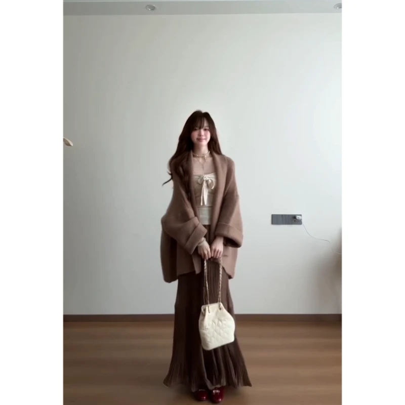 大码【柔欲天菜】蝴蝶结针织抹胸内搭氛围感中长款开衫外套半身裙