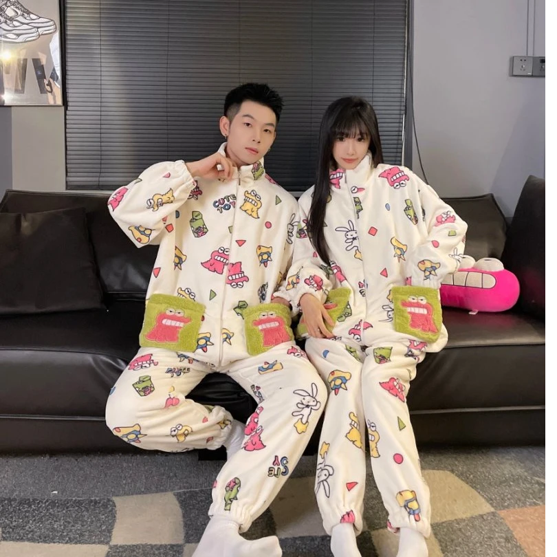 情侣睡衣女秋冬新款法兰绒蜡笔小新卡通加绒加厚可爱男士家居服
