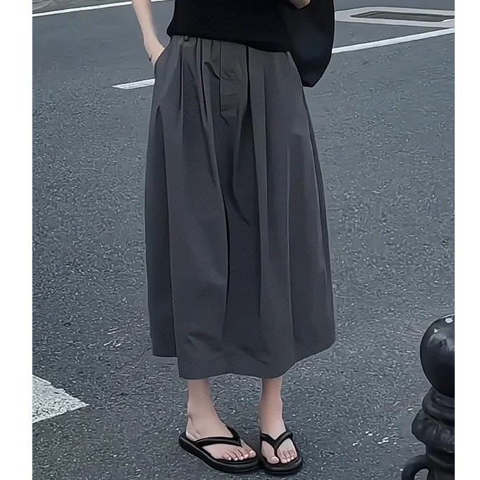 法式高级感灰色半身裙女夏季2025新款松紧高腰显瘦休闲工装中长裙