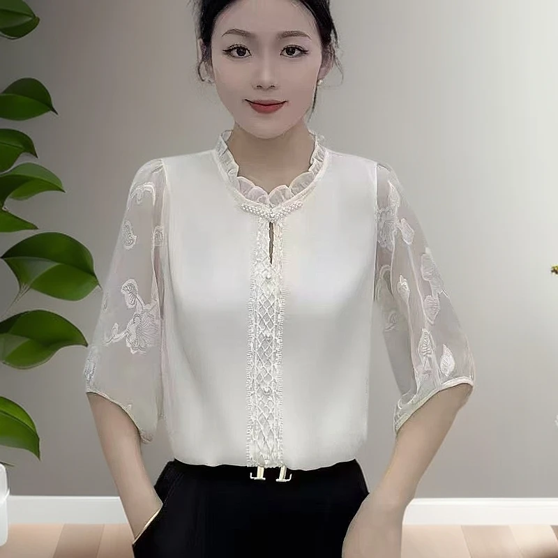 QL新款国风盘扣女士衬衫设计洋气百搭七分袖衬衣气质女士上衣