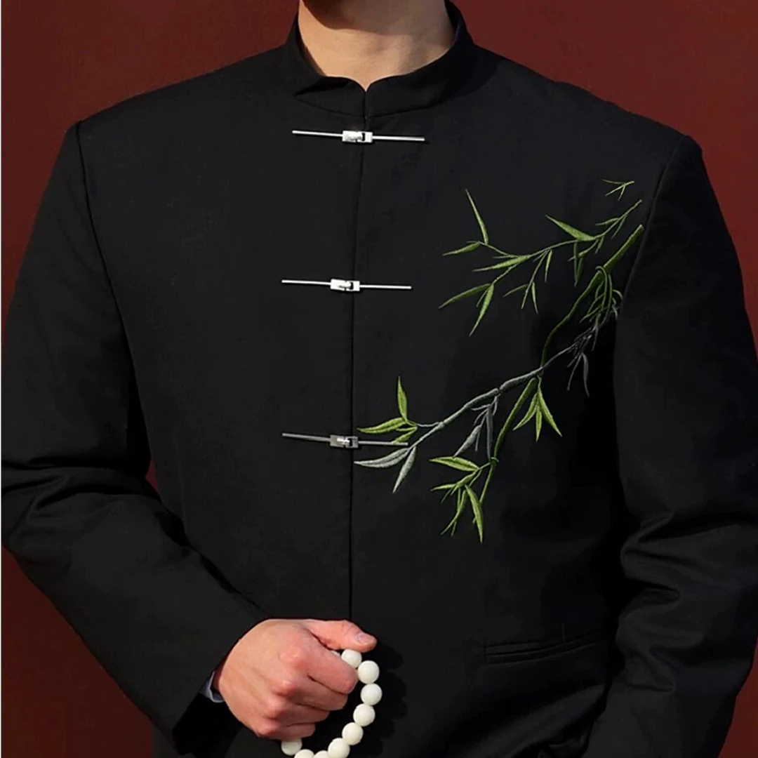 新中式男装西装套装竹叶刺绣夏款国风立领中山唐装男士新中式婚服