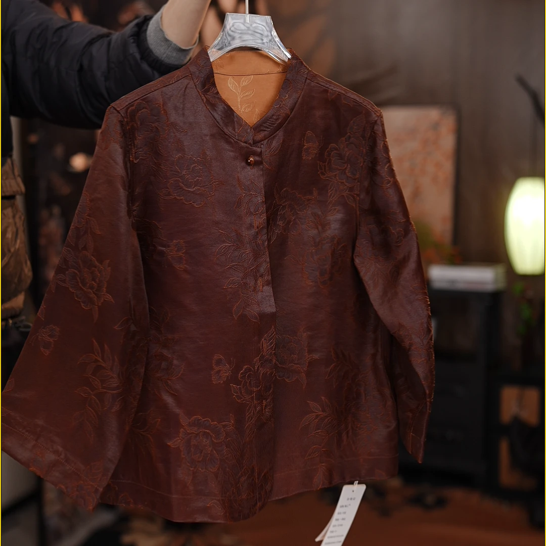 重锻老料气质国风薄款女士上衣外套中老年红色复古圆领外搭8967